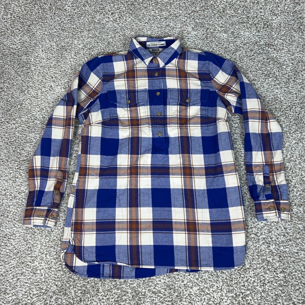 Duluth Trading Co Shirt Womens Medium Blue Plaid‎ Free Swingin Flannel Cabin Top